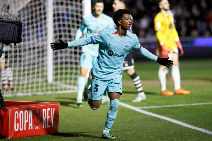 Alejandro Balde pictured celebrating after scoring for Barcelona in a 3-1 win at Unionistas de Salamanca in the Copa del Rey in January 2024